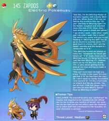 Rule 34 | 1boy, 1girl, absurdly long hair, artist name, bird legs, bird tail, black feathers, black wings, blonde hair, blue background, blue eyeshadow, blue lips, breasts, character name, character profile, commentary, creatures (company), english commentary, english text, eyeshadow, feathers, game freak, gen 1 pokemon, harpy, hat feather, highres, kinkymation, legendary pokemon, long hair, looking to the side, makeup, monster girl, nintendo, personification, poke ball, poke ball (basic), pokemon, purple hair, small breasts, tail, talons, tiara, two-tone wings, very long hair, wings, yellow feathers, yellow wings, zapdos
