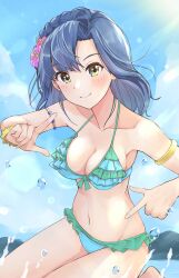 Rule 34 | 1girl, armlet, bare shoulders, bikini, blue hair, blue sky, blush, braid, breasts, cleavage, closed mouth, cloud, day, dot nose, flower, frilled bikini, frills, hair flower, hair ornament, hands up, highres, idolmaster, idolmaster million live!, idolmaster million live! theater days, index finger raised, lens flare, looking at viewer, medium breasts, nanao yuriko, navel, pink flower, red flower, shinomiyabi, short hair, sky, smile, solo, sun, sunlight, swimsuit, two-tone bikini, water, yellow eyes, yellow wristband