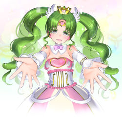 Rule 34 | 1girl, bare shoulders, blush, bow, colored eyelashes, detached collar, detached sleeves, falulu, forehead jewel, green hair, grey eyes, hair ornament, head tilt, heart, long hair, looking at viewer, open mouth, outstretched arms, parted bangs, pretty series, pripara, reaching, smile, solo, sparkle, tiara, twintails, wavy hair, yamada ichizoku
