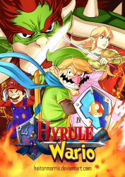 Rule 34 | 1girl, 3boys, absurdres, big nose, blonde hair, blue eyes, blue overalls, bowser, brown hair, clenched teeth, commentary, cosplay, english commentary, facial hair, feet out of frame, gloves, green shirt, hamatsu, highres, holding, holding sword, holding weapon, hylian shield, hyrule warriors, layered sleeves, link, link (cosplay), long sleeves, looking afar, looking at viewer, mario, mario (series), master sword, multiple boys, mustache, nintendo, open mouth, overalls, parody, pointy ears, princess peach, princess zelda, princess zelda (cosplay), red headwear, shield, shirt, short hair, short over long sleeves, short sleeves, super mushroom, sword, teeth, the legend of zelda, wario, weapon, white gloves