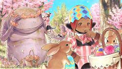 Rule 34 | 2girls, :d, animal ears, basket, black skirt, bow, bowtie, cat ears, cherry blossoms, closed mouth, dark-skinned female, dark skin, day, easter egg, egg, final fantasy, final fantasy xiv, flower wreath, goobbue (final fantasy), grey thighhighs, highres, jewelry, jihli aliapoh, lalafell, miniskirt, miqo&#039;te, monster, multiple girls, nonotta (ff14), open mouth, outdoors, pink bow, pink bowtie, pointy ears, rabbit, red eyes, ring, skirt, smile, striped clothes, striped thighhighs, suspenders, thighhighs, tree, wristband