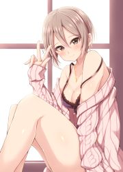 Rule 34 | 10s, 1girl, aran sweater, babydoll, blush, breasts, cable knit, cleavage, closed mouth, clothes pull, grey eyes, grey hair, hair between eyes, idolmaster, idolmaster cinderella girls, idolmaster cinderella girls starlight stage, jewelry, jiino, looking at viewer, medium breasts, necklace, ribbed sweater, shiomi syuko, short hair, sitting, smile, solo, strap slip, sweater, sweater pull, thighs, v, window