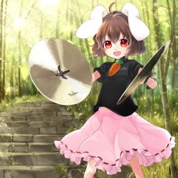 Rule 34 | 1girl, ahoge, animal ears, annojou haruto, bad id, bad pixiv id, black shirt, blush, brown hair, carrot necklace, commentary request, copyright name, cowboy shot, day, forest, frilled skirt, frills, highres, holding, inaba tewi, instrument, jewelry, looking at viewer, music, nature, necklace, outdoors, pendant, pink skirt, playing instrument, rabbit ears, red eyes, ribbon-trimmed skirt, ribbon trim, shirt, short hair, skirt, solo, stairs, standing, sunlight, tareme, touhou