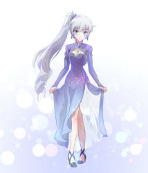 Rule 34 | 1girl, blue dress, breasts, brooch, cleavage, closed mouth, crossed legs, dress, earrings, evening gown, full body, hair ornament, high heels, highres, iesupa, jewelry, long hair, long sleeves, looking at viewer, rwby, scar, scar across eye, side ponytail, skirt hold, small breasts, smile, snowflake background, solo, tiara, watson cross, weiss schnee, white hair