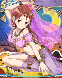 Rule 34 | 1girl, anklet, arabian clothes, artist request, barefoot, bracelet, breasts, card (medium), circlet, cleavage, dancer, feet, harem outfit, harem pants, jewelry, large breasts, long hair, minna-dietlinde wilcke, necklace, official art, red hair, see-through, solo, strike witches, world witches series