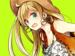 Rule 34 | 10s, 1girl, bad id, bad pixiv id, divine gate, doodle-doo, earrings, green background, hat, jewelry, long hair, looking at viewer, open mouth, simple background, smile, solo