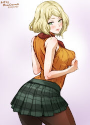 Rule 34 | 1girl, ashley graham, blonde hair, blush, breasts, from behind, green eyes, large breasts, mina cream, resident evil, resident evil 4, resident evil 4 (remake), scarf, skirt, sleeveless, sweater
