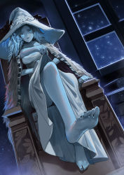 Rule 34 | 1girl, alternate breast size, bare legs, barefoot, blue eyes, blue hair, blue skin, book, chair, cloak, colored skin, commentary request, cracked skin, elden ring, extra arms, feet, female focus, foot focus, fur cloak, hat, hat ornament, highres, long hair, looking at viewer, night, own hands together, ranni the witch, robe, sitting, snowing, soles, solo, toes, window, witch hat, yonoki