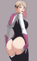 Rule 34 | 1girl, absurdres, ass, ass grab, blush, bodysuit, breasts, cosplay, gwen stacy, highres, long hair, looking at viewer, marvel, non-web source, self-upload, spider-gwen, spider-gwen (cosplay), spider-man: across the spider-verse, spider-man (series), spider-verse