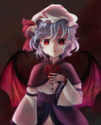 Rule 34 | 1girl, absurdres, alternate costume, bat wings, blood, bow, bowtie, buttons, capelet, cloud, dungeon toaster, flat chest, grey hair, hand up, hat, highres, light smile, looking at viewer, messy hair, mob cap, nail polish, night, night sky, parted lips, red bow, red bowtie, red nails, remilia scarlet, short hair, sky, solo, star (sky), straight-on, teeth, touhou, upper body, wings