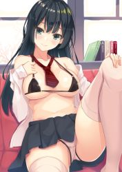 Rule 34 | 1girl, aqua eyes, bikini, bikini under clothes, black bikini, black hair, black skirt, blush, book, breasts, closed mouth, collarbone, commentary request, couch, hand on own chest, hand on own knee, hatsu (first snow), head tilt, indoors, knee up, large breasts, lipstick, long hair, long sleeves, looking at viewer, makeup, mismatched bikini, navel, necktie, on couch, open clothes, open shirt, original, pink lips, pleated skirt, red necktie, school uniform, shirt, skirt, sleeve cuffs, smile, solo, stomach, strap gap, string bikini, swimsuit, thighhighs, upskirt, white bikini, white hair, white shirt, window