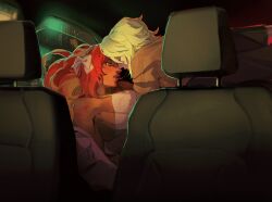 Rule 34 | 2400db, 2girls, alternate skin color, bare shoulders, blonde hair, blush, bow, car interior, car seat, city, couple, dark-skinned female, dark skin, eye contact, faust (project moon), hair bow, highres, interracial, ishmael (project moon), leaning back, limbus company, long hair, looking at another, medium hair, multiple girls, project moon, red hair, saliva, saliva trail, sitting, white bow, yellow eyes, yuri