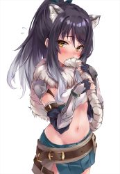 Rule 34 | 1girl, animal ear fluff, animal ears, bandeau, belt, belt buckle, black gloves, black hair, blush, brown belt, buckle, commentary request, covered mouth, covering own mouth, cowboy shot, embarrassed, fingerless gloves, flying sweatdrops, fur collar, gauntlets, gloves, gradient hair, grey hair, highres, holding own tail, long hair, looking at viewer, marisasu (marisa0904), midriff, multicolored hair, navel, ponytail, princess connect!, shiori (princess connect!), simple background, skirt, solo, stomach, tail, tiger ears, tiger girl, tiger tail, vambraces, white background, yellow eyes