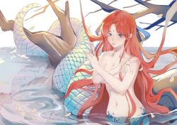 Rule 34 | blue eyes, branch, covering nipples, covering privates, facial mark, forehead mark, lamia, leaf, long hair, monster girl, red hair, snake tail, tail, tree, water, weibo watermark, xianjian qixia zhuan, yang qiu sanyue, zhao linger