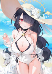 Rule 34 | 1girl, absurdres, bare shoulders, beach, bikini, black choker, black hair, blue archive, blue sky, braid, braided ponytail, breasts, choker, cleavage, cloud, collarbone, cross, cross earrings, day, earrings, flower, hair over one eye, halo, hand up, hat, hat flower, highres, hinata (blue archive), hinata (swimsuit) (blue archive), jewelry, large breasts, layered bikini, leaning forward, long hair, one-piece swimsuit, outdoors, parted lips, red eyes, rose, single earring, sky, solo, straw hat, sun hat, swimsuit, thigh gap, very long hair, white flower, white one-piece swimsuit, white rose, yukineko1018