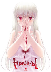 Rule 34 | 1girl, between breasts, blood, blood on clothes, blood on hands, breasts, cleavage, colored eyelashes, copyright name, cover, covering face, covering lower face, covering own mouth, hands on own face, hazuki (etcxetc), long hair, looking at viewer, nosebleed, original, red eyes, solo, translation request, white background, white hair
