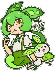 Rule 34 | 1girl, 2girls, :3, absurdres, brooch, character name, closed mouth, commentary request, creature, creature and personification, eating, food, food on face, food on hand, green hair, green outline, hand up, highres, holding, holding food, jewelry, kuron (uhhr2odhrppc5nw), long hair, looking at viewer, low ponytail, multiple girls, neck ribbon, outline, puffy short sleeves, puffy sleeves, ribbon, shirt, shirt tucked in, short sleeves, solo, suspenders, transparent background, voiceroid, voicevox, white outline, white shirt, yellow eyes, zunda mochi, zundamon