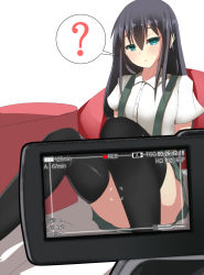 Rule 34 | 10s, 1girl, ?, asashio (kancolle), black hair, black thighhighs, blue eyes, highres, kantai collection, long hair, looking at viewer, pov, simple background, skirt, solo, souma (ordures), spoken question mark, thighhighs, thighs, video camera, white background