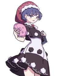 Rule 34 | 1girl, :3, black capelet, blob, blue eyes, blue hair, book, capelet, doremy sweet, dream soul, dress, hat, highres, kame (kamepan44231), long hair, nightcap, one-hour drawing challenge, pom pom (clothes), red hat, simple background, smile, solo, tail, tapir tail, touhou, white background