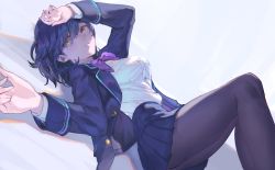 Rule 34 | 1girl, arm over head, ass, blazer, blue hair, blue jacket, blue skirt, bow, bowtie, brown pantyhose, buttons, feet out of frame, gigapuri, jacket, knees up, long sleeves, looking at viewer, lying, nijisanji, on back, open clothes, open jacket, pantyhose, parted lips, purple bow, purple bowtie, school uniform, shirt, shizuka rin, short hair, skirt, solo, thighs, virtual youtuber, white background, white shirt, yellow eyes