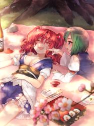 Rule 34 | 2girls, ^ ^, akayan, alcohol, artist name, blue eyes, blurry, bottle, breasts, cherry blossoms, chopsticks, cleavage, collarbone, cup, dango, depth of field, drunk, closed eyes, food, grass, green hair, hair bobbles, hair ornament, hanami, highres, large breasts, long sleeves, looking at another, lying, makizushi, multiple girls, no headwear, no headwear, on back, on ground, on stomach, onozuka komachi, open mouth, outdoors, phantasmagoria of flower view, plate, poking, red hair, sakazuki, sake, sake bottle, sanshoku dango, shiki eiki, short hair, short sleeves, skewer, sleeping, sushi, touhou, tree, branch, twintails, two side up, vest, wagashi