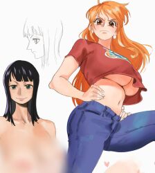 Rule 34 | 2girls, blur censor, breasts, censored, collarbone, denim, earrings, highres, jeans, jewelry, large breasts, looking at viewer, multiple girls, nami (one piece), nico robin, one piece, pants, smile, underboob