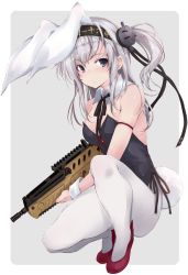 Rule 34 | 1girl, anchor, anchor symbol, animal ears, assault rifle, black eyes, black headband, black neckwear, blush, breasts, bullpup, closed mouth, clothes writing, fake animal ears, flats, full body, grey background, gun, hachimaki, hair ornament, headband, holding, holding gun, holding weapon, iwi tavor, iwi tavor tar-21, kantai collection, leotard, long hair, looking at viewer, medium breasts, one side up, pantyhose, playboy bunny, rabbit ears, rabbit tail, red neckwear, ribbon, rifle, silver hair, simple background, solo, suzutsuki (kancolle), tail, weapon, weapon request, white pantyhose, wrist cuffs, yumesato makura