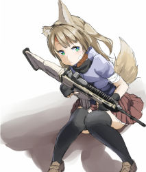 Rule 34 | 1girl, animal ears, assault rifle, bandaged arm, bandages, bandaid, bandaid on face, black gloves, black thighhighs, blonde hair, commentary request, fingerless gloves, fn scar, fox ears, fox tail, gloves, green eyes, gun, highres, holding, holding gun, holding weapon, knees together feet apart, loafers, looking at viewer, original, pleated skirt, rifle, sekira ame, shoes, short sleeves, sitting, sketch, skirt, solo, tail, thighhighs, weapon