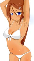 Rule 34 | 10s, 1girl, ahagon umiko, armpits, arms behind head, arms up, bikini, blue eyes, blush, breasts, brown hair, cleavage, groin, highres, long hair, looking at viewer, navel, new game!, solo, swimsuit, tan