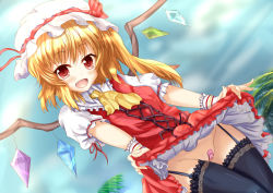 Rule 34 | 1girl, ascot, bad id, bad pixiv id, bandaid, bandaid on pussy, black thighhighs, blonde hair, blue sky, clothes lift, dress, dress lift, fang, flandre scarlet, garter straps, hat, hat ribbon, lace, lace-trimmed legwear, lace trim, mob cap, no panties, open mouth, palm tree, puffy sleeves, red dress, red eyes, red skirt, ribbon, shirt, short sleeves, side ponytail, skirt, sky, smile, solo, thighhighs, touhou, tree, white crow, wings, wrist cuffs