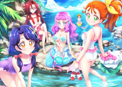 Rule 34 | 5girls, ahoge, ass, bent over, blue eyes, blue hair, blue sky, bow, breasts, brown eyes, brown hair, closed mouth, commentary request, day, glasses, hair between eyes, hair bow, hair ornament, ichinose minori, large breasts, laura (precure), legs, long hair, looking at viewer, medium breasts, mermaid, mini koala, monster girl, multiple girls, natsuumi manatsu, ocean, one-piece swimsuit, orange hair, outdoors, pink hair, ponytail, precure, purple eyes, purple one-piece swimsuit, red bow, red hair, shell, short hair, sitting, sky, smile, standing, sunlight, suzumura sango, swimsuit, takizawa asuka, topless, tropical-rouge! precure, water, white one-piece swimsuit