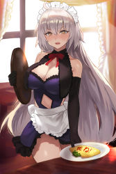 Rule 34 | 1girl, adapted costume, ahoge, alternate costume, apron, bare shoulders, bow, breasts, cleavage, clothing cutout, curtains, dress, elbow gloves, fate/grand order, fate (series), food, food art, frills, gloves, hair between eyes, highres, holding, holding tray, indoors, jeanne d&#039;arc (fate), jeanne d&#039;arc alter (avenger) (fate), jeanne d&#039;arc alter (avenger) (third ascension) (fate), jeanne d&#039;arc alter (fate), ketchup, large breasts, long hair, looking at viewer, maid, maid headdress, navel cutout, omelet, omurice, open mouth, pale skin, plate, purple dress, red bow, seon (seonon ), silver hair, standing, table, thighhighs, thighs, tray, very long hair, waist apron, window, yellow eyes