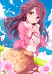 Rule 34 | &gt;:t, 10s, 1girl, :t, blue sky, blush, breasts, brown eyes, brown hair, cardigan, chikuwa., cloud, cloudy sky, day, dutch angle, floral print, flower, frilled shirt, frilled skirt, frills, grass, hair bun, hair ornament, hands up, highres, idolmaster, idolmaster cinderella girls, idolmaster cinderella girls starlight stage, large breasts, looking at viewer, matching hair/eyes, meadow, outdoors, petals, pink flower, pout, red ribbon, ribbon, shimamura uzuki, shirt, side bun, single side bun, skirt, sky, solo, v-shaped eyebrows, white shirt, wind, yellow skirt