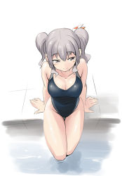 Rule 34 | 10s, 1girl, bare shoulders, breasts, competition swimsuit, grey eyes, kantai collection, kashima (kancolle), large breasts, long hair, one-piece swimsuit, poolside, silver hair, sitting, smile, soaking feet, solo, swimsuit, tamu (mad works), twintails, wavy hair