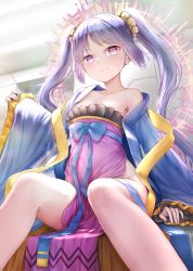 Rule 34 | 1girl, bare shoulders, bow, breasts, chinese clothes, cleavage, clothes between thighs, collarbone, commentary request, cosplay, dress, euryale (fate), euryale (third ascension) (fate), fate/grand order, fate (series), feet out of frame, hair ornament, hair scrunchie, halo, hanfu, head tilt, highres, indoors, kachayori, long hair, looking at viewer, medium breasts, no panties, off shoulder, pelvic curtain, purple eyes, purple hair, ribbon, scrunchie, sitting, smile, solo, strapless, strapless dress, twintails, wu zetian (fate), wu zetian (fate) (cosplay), wu zetian (first ascension) (fate)