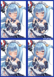 Rule 34 | 1girl, ;d, absurdres, age regression, aged down, apron, azur lane, bare shoulders, blue dress, blue hair, blush, closed eyes, corset, cover, detached sleeves, dress, expressions, fake cover, frilled apron, frilled dress, frills, hand up, highres, holding trident, long hair, looking at viewer, maid headdress, makihige, neptune (azur lane), one eye closed, open mouth, pout, shell hair ornament, signature, smile, solo, very long hair, waist apron, white apron, yellow eyes