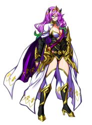 Rule 34 | 1girl, armor, black gloves, boots, breasts, camilla (fire emblem), cape, cleavage, crossover, crown, female focus, fingerless gloves, fire emblem, fire emblem fates, full body, gloves, gradient hair, green eyes, green hair, heterochromia, high heel boots, high heels, horns, if they mated, jadenkaiba, jewelry, kid icarus, knee boots, large breasts, long hair, looking at viewer, matching hair/eyes, multicolored hair, nintendo, palutena, purple eyes, purple hair, smile, solo, standing, thighhighs, thighs, tiara, vambraces, white thighhighs