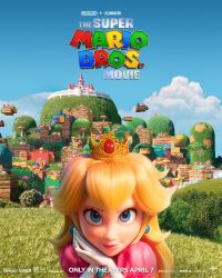 Rule 34 | 1girl, 3d, blonde hair, blue eyes, cloud, copyright name, crown, dress, earrings, gloves, grass, highres, jewelry, key visual, logo, looking at viewer, mario (series), mushroom, nintendo, official art, own hands together, pink dress, portrait, princess peach, princess peach&#039;s castle, promotional art, puffy short sleeves, puffy sleeves, short sleeves, sky, smile, smug, solo, the super mario bros. movie, tree, white gloves