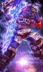 Rule 34 | autobot, glowing, glowing eyes, highres, holding, holding sword, holding weapon, mecha, no humans, open hand, optimus prime, purple eyes, robot, science fiction, solo, sword, transformers, twitter username, uungunover, weapon
