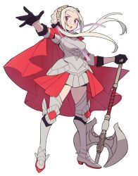 Rule 34 | 1girl, armor, axe, blush, breasts, cape, do m kaeru, edelgard von hresvelg, fire emblem, fire emblem: three houses, fire emblem warriors, fire emblem warriors: three hopes, full body, gloves, hair ribbon, long hair, long sleeves, looking at viewer, nintendo, open mouth, purple eyes, red cape, ribbon, simple background, skirt, solo, thighhighs, thighs, weapon, white background, white hair, zettai ryouiki