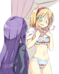 Rule 34 | 2girls, ^^^, alice margatroid, blonde hair, blue bra, blue panties, blush, bow, bow bra, bow panties, bra, breasts, cleavage, clothes lift, dressing, fitting room, green eyes, hairband, long hair, multiple girls, navel, open mouth, panties, patchouli knowledge, purple hair, satou kibi, shirt lift, short hair, sketch, smile, touhou, underwear, walk-in