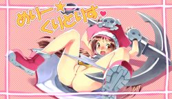 Rule 34 | 1girl, anchor, anus, arms up, blush, boots, brown eyes, brown hair, checkered background, cleft of venus, fat mons, female focus, fingerless gloves, gloves, guilty gear, hat, heart, highres, huge weapon, legs up, long hair, lying, may (guilty gear), on back, open mouth, panties, panty pull, pirate hat, pussy, skull and crossbones, solo, spread legs, star (symbol), surprised, tatata, translation request, uncensored, underwear, weapon