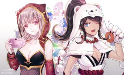 Rule 34 | 2girls, ;d, animal ears, animal hands, animal hood, asahina aoi, bear hood, black hair, blunt bangs, breasts, capelet, cat ears, cat hood, cleavage, collarbone, danganronpa (series), danganronpa 2: goodbye despair, dark-skinned female, dark skin, detached sleeves, doughnut, fake animal ears, floating hair, food, fur-trimmed capelet, fur trim, game console, gloves, hair ornament, head tilt, high ponytail, holding, holding food, hood, jewelry, long sleeves, looking at viewer, medium breasts, mole, mole on breast, multiple girls, nanami chiaki, necklace, one eye closed, open mouth, parted bangs, paw gloves, print sleeves, red eyes, red hood, red sleeves, short hair, sidelocks, silver hair, smile, strapless, twitter username, upper body, white background, white capelet, white gloves, z-epto (chat-noir86)
