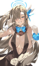 Rule 34 | 1girl, absurdres, animal ears, asuna (blue archive), bare shoulders, blue archive, blue eyes, blush, bow, bowtie, breasts, cleavage, dress, flower, hair over one eye, halo, highres, ktr (tpun2553), large breasts, long hair, looking at viewer, no bra, scrunchie, slingshot dress, smile, solo, v, very long hair, wrist cuffs, wrist scrunchie
