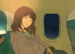Rule 34 | 1girl, 1other, airplane interior, airplane wing, brown hair, brown hoodie, cellphone, closed eyes, commentary, drawstring, green shirt, grey pants, highres, holding, holding phone, hood, hoodie, indoors, korean commentary, long sleeves, medium hair, night, ooos man, original, pants, parted lips, phone, shirt, sitting, sleeping, smartphone, solo focus, striped clothes, striped shirt