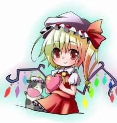 Rule 34 | 1girl, blonde hair, blouse, chibi, collared shirt, cow, female focus, flandre scarlet, gradient background, hair between eyes, hat, heart, mob cap, shirt, solo, touhou, white hat, white shirt