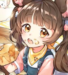 Rule 34 | &gt;o&lt;, 1girl, animal ear fluff, animal ears, apple pie, bad id, bad pixiv id, brown eyes, brown hair, child, close-up, eating, food, food on face, holding, holding food, lerome, long hair, looking at viewer, mouse (animal), mouse ears, neckerchief, open mouth, original, overalls, pie, short sleeves, solo focus, twintails, upper body, yellow neckerchief
