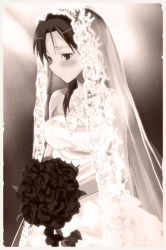 Rule 34 | 1girl, blush, bouquet, bridal veil, dress, flower, kyogoku shin, lace, minna-dietlinde wilcke, monochrome, photo (object), rose, voice actor connection, sleeveless, solo, strike witches, tanaka rie, veil, wedding dress, white dress, world witches series