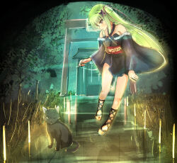 Rule 34 | 1girl, arms at sides, bare shoulders, black cat, black kimono, blunt bangs, blunt ends, blush, cat, commentary, criss-cross halter, cross-laced footwear, detached sleeves, floating, grass, green hair, hair ribbon, halterneck, highres, hime cut, japanese clothes, kimono, legs, long hair, long ribbon, long sleeves, looking at animal, looking down, midair, murasame (senren), one eye closed, open mouth, outdoors, pom pom (clothes), purple ribbon, red eyes, red sash, ribbon, sandals, sash, scenery, senren banka, short kimono, shrine, sidelocks, solo, straight hair, torii, tree, two side up, v-shaped eyebrows, very long hair, wide sleeves, yuzf