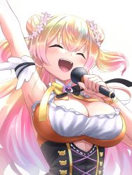 1girl arm_up blonde_hair bowtie breasts cleavage cleavage_cutout closed_eyes clothing_cutout commentary corset cutout_above_navel double_bun flower gradient_hair hair_between_eyes hair_bun hair_flower hair_ornament highres hololive kay_yu large_breasts long_hair microphone momosuzu_nene multicolored_bow multicolored_bowtie multicolored_hair music open_mouth pink_hair simple_background singing solo two_side_up underbust upper_body virtual_youtuber white_background